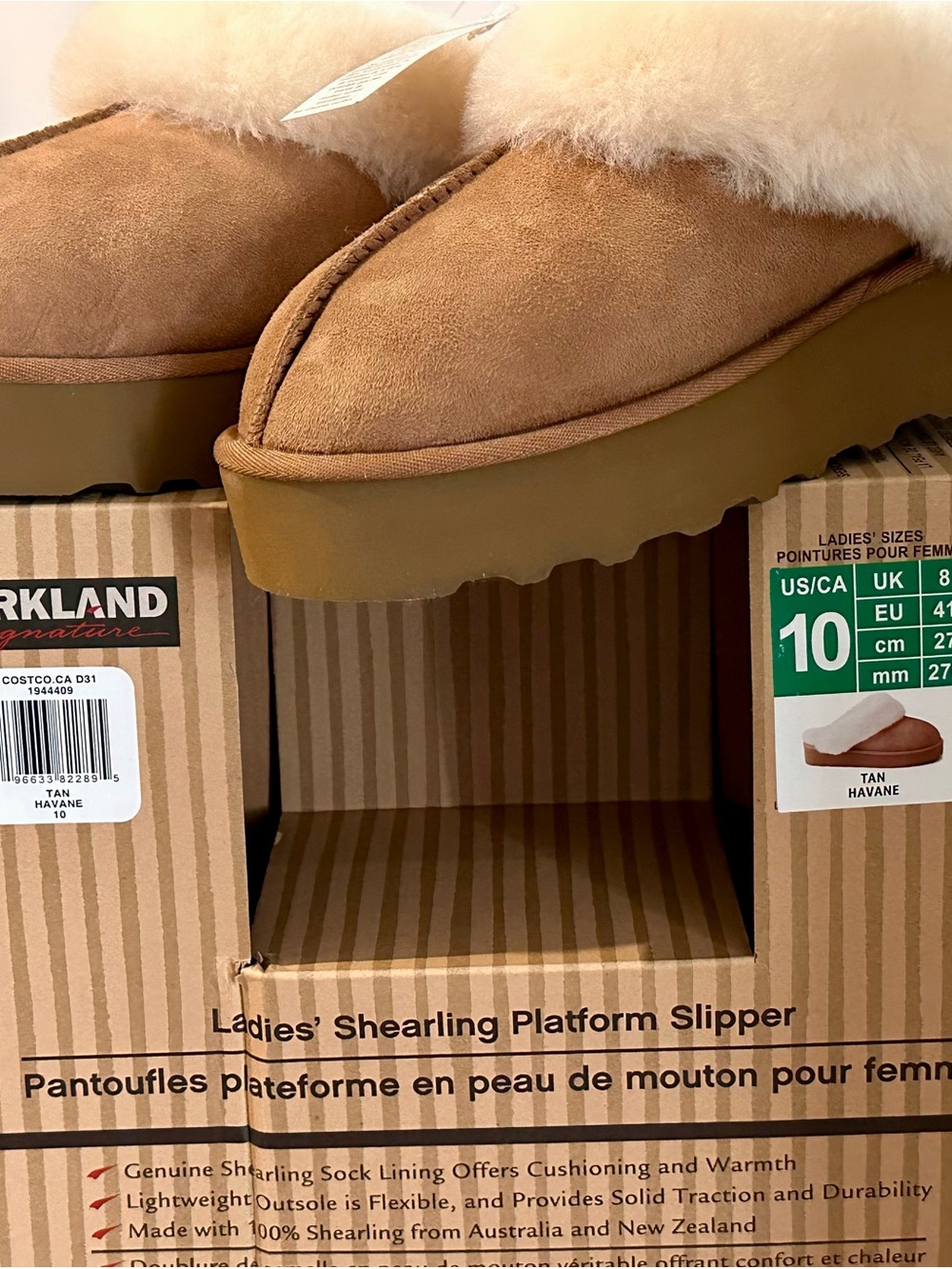 NEW IN BOX Kirkland Signature Tan Suede Shearling Platform Slippers